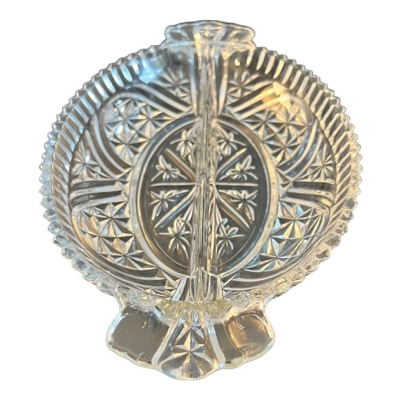 Clear Cut Glass Divided Relish Dish With Handles For Candy, Nuts Serving - Picture 3 of 6